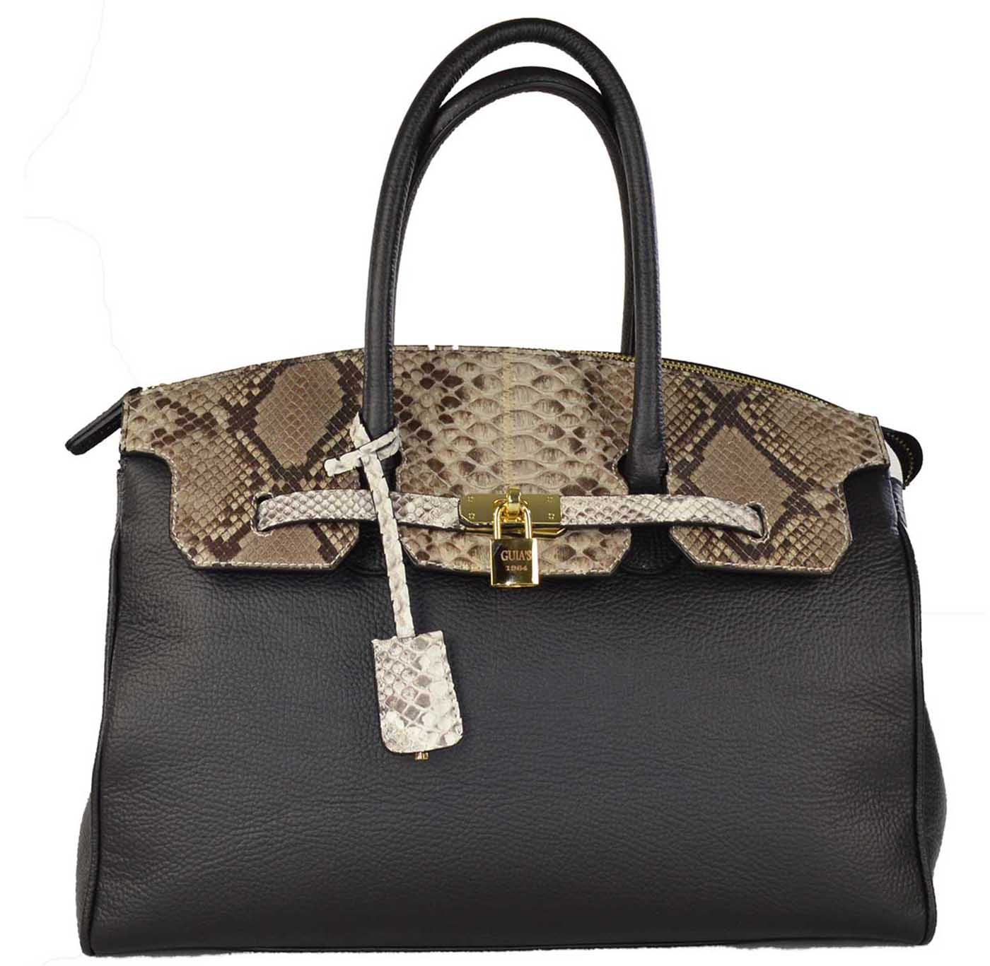 Borsa a mano classica in pelle soft e vero pitone